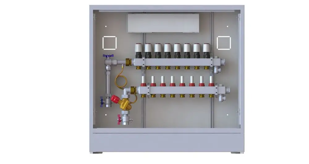 Danfoss Heizstation mit mehreren Ventilen, Rohren und einer Steuerungseinheit, montiert in einem kompakten Gehäuse. Einsatzgebiet für Heizungsinstallationen.
